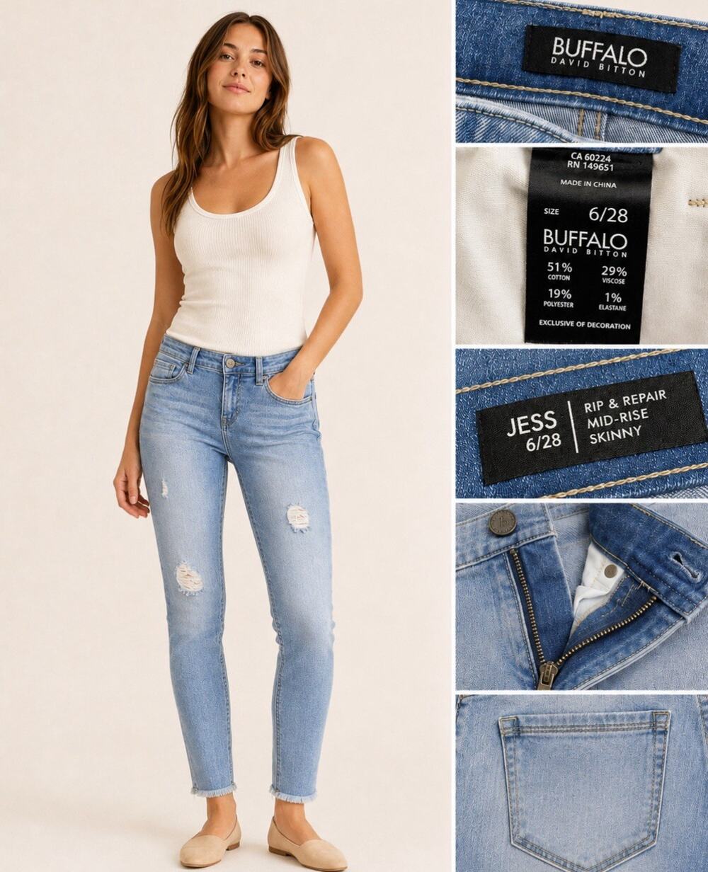 Buffalo Jess Women's Mid-Rise Skinny Jeans Size 6 Light Wash Distressed Denim